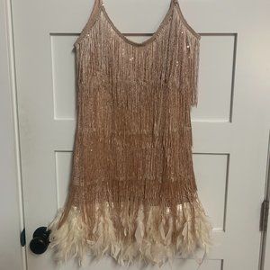 Feather Fringe Sequin Spaghetti Strap Dress - Never Worn